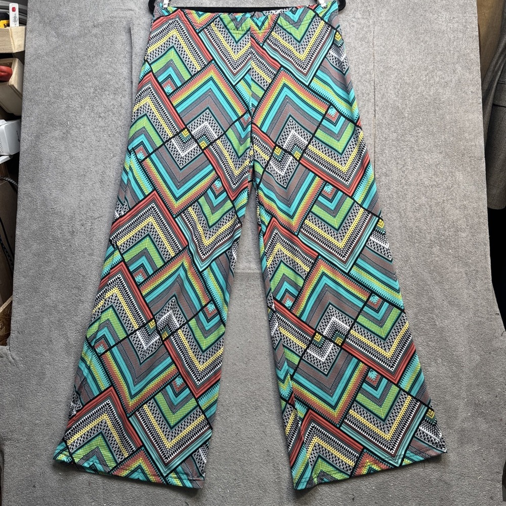 Boho Wide Leg Geo Print Pants Multicolor Retro High Rise Stretch Pull On Medium
